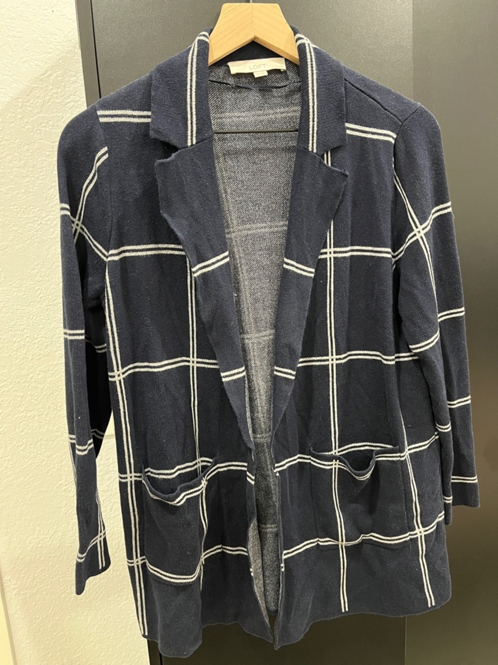 LOFT Navy Blue Windowpane Plaid Open Front Knit Sweater Blazer Size LP.